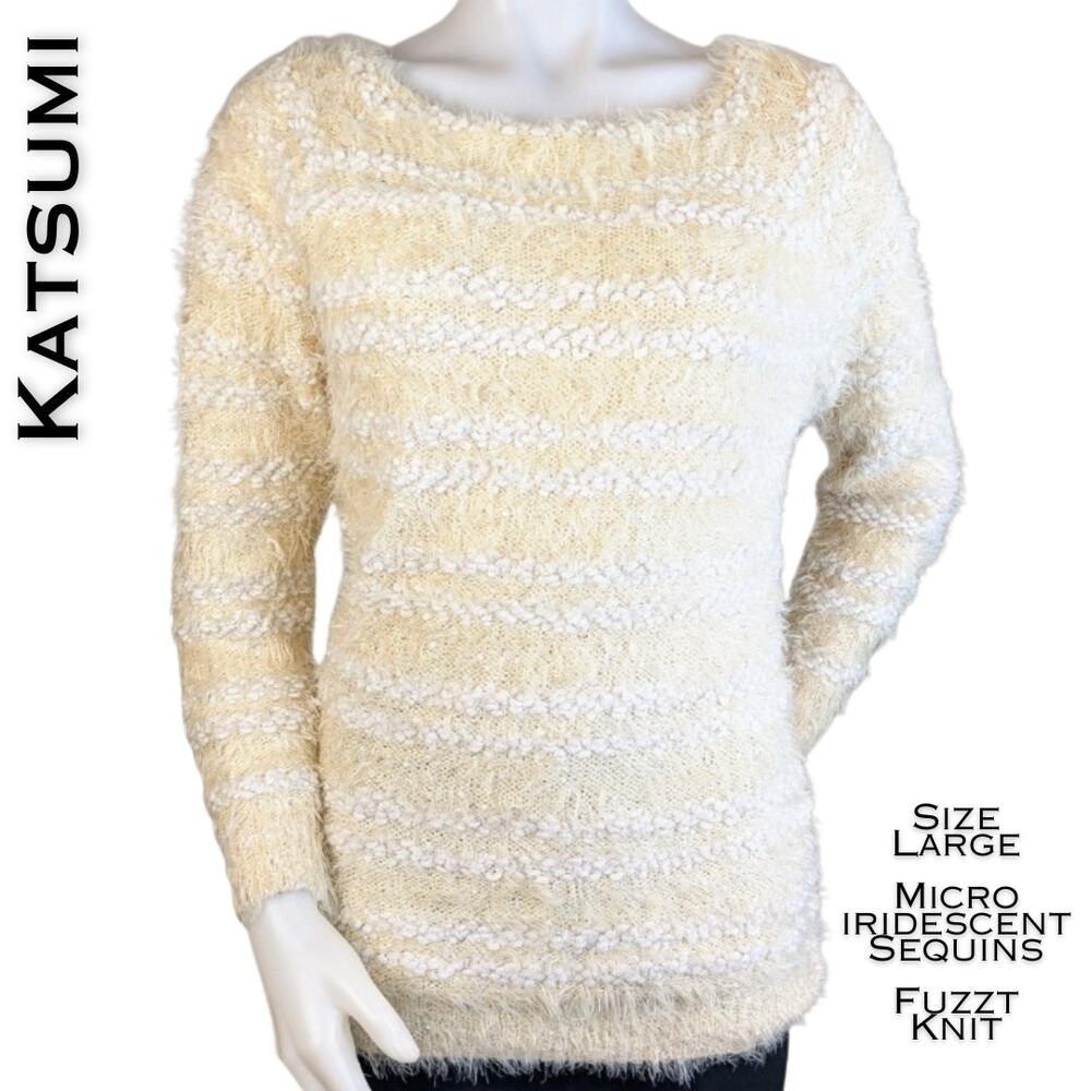 Katsumi Sequin Sweater Large Cream White Fuzzy Raised Stripe Holiday Long Sleeve